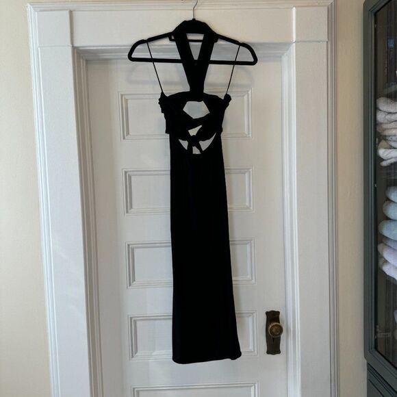 NWT Anthropologie Black Rib Knit Cut Out Halter Bodycon Midi Dress - Picture 7 of 9
